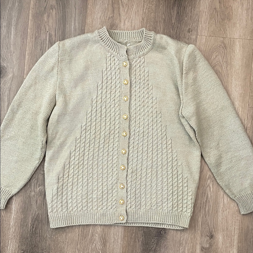Vintage Handknit Cable Cardigan Marled Sage Green Gold Buttons Womens Sweater